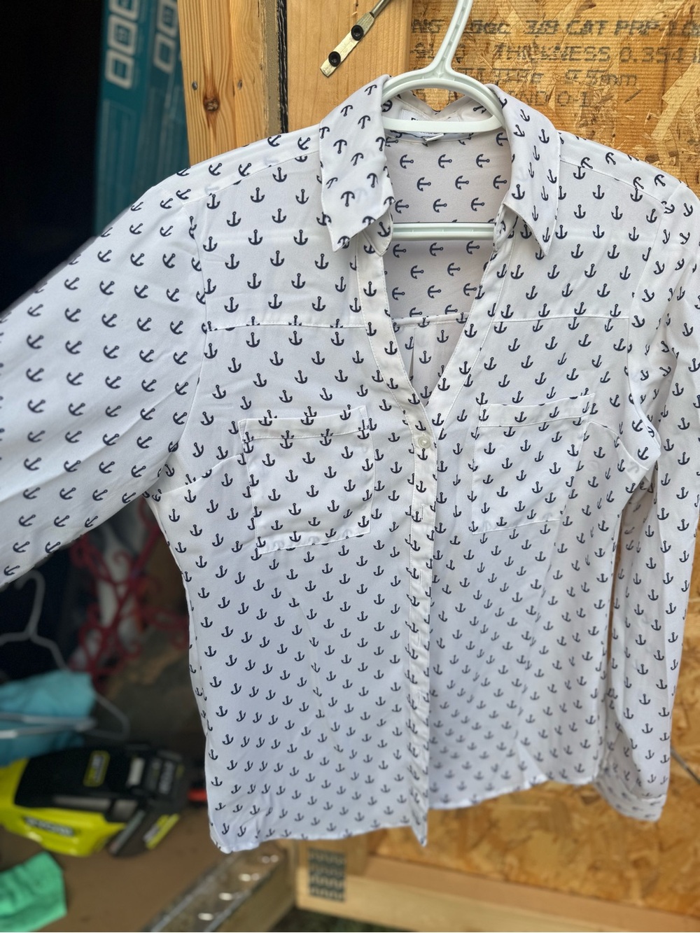 Women’s  White Button-Up Shirt with Navy Anchor Print